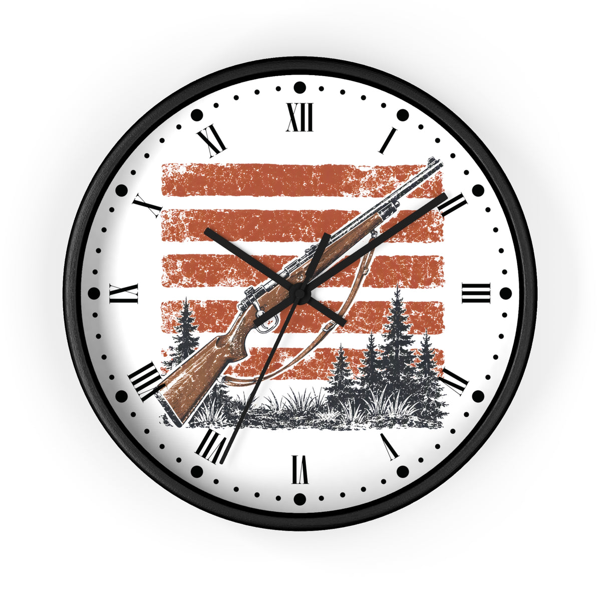 A round wall clock with a black frame and a white face featuring a hunting rifle design over a distressed orange and white striped background, with black Roman numerals and hands.