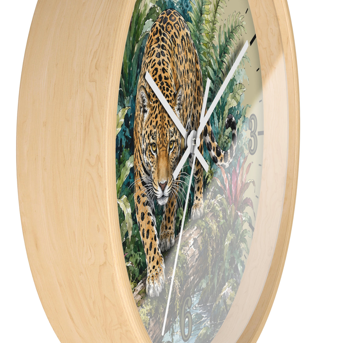 Round wall clock with a light natural wood frame and a printed jungle scene featuring a large spotted cat walking forward. The clock face includes partial black numerals and white hands, shown against a plain white background.