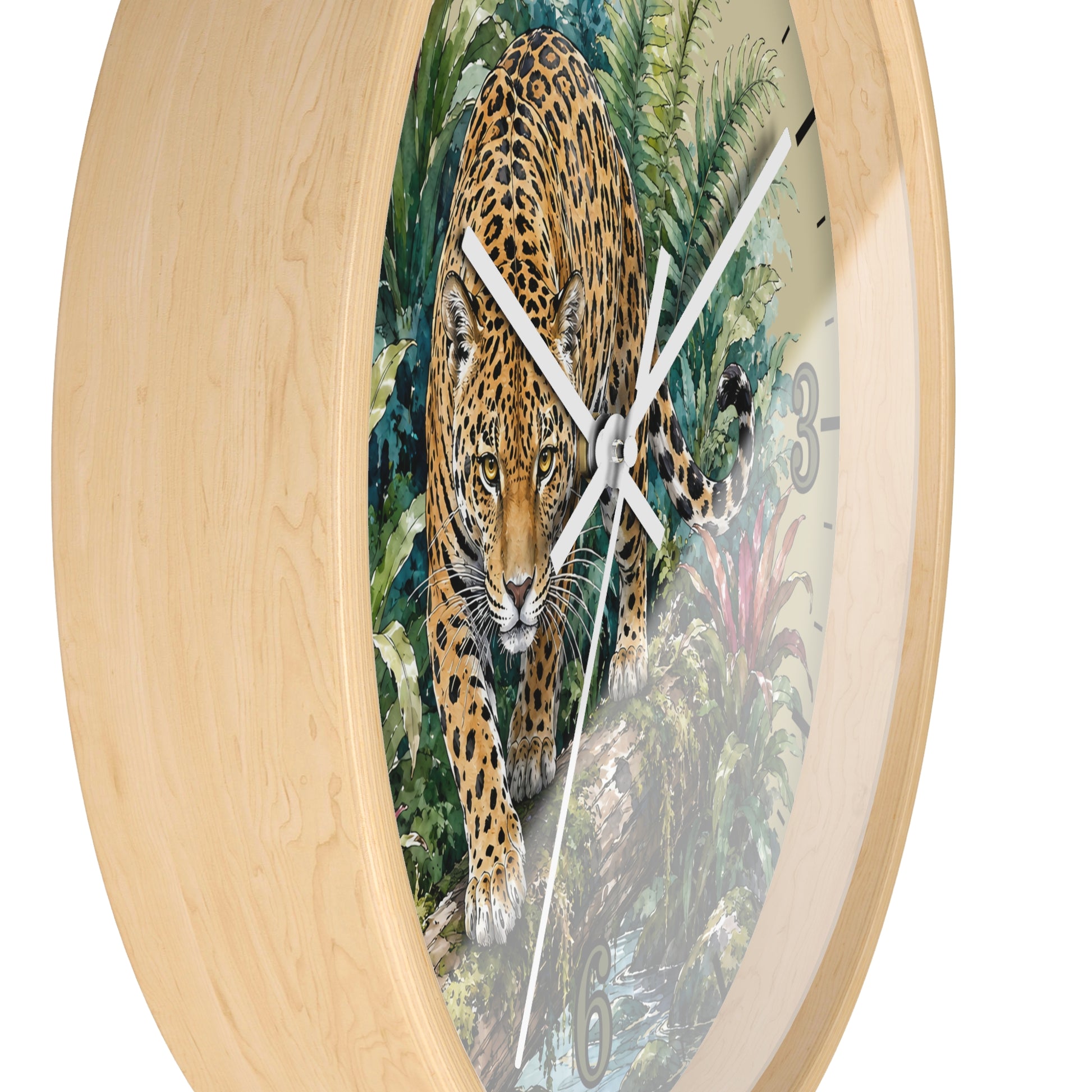 Round wall clock with a light natural wood frame and a printed jungle scene featuring a large spotted cat walking forward. The clock face includes partial black numerals and white hands, shown against a plain white background.