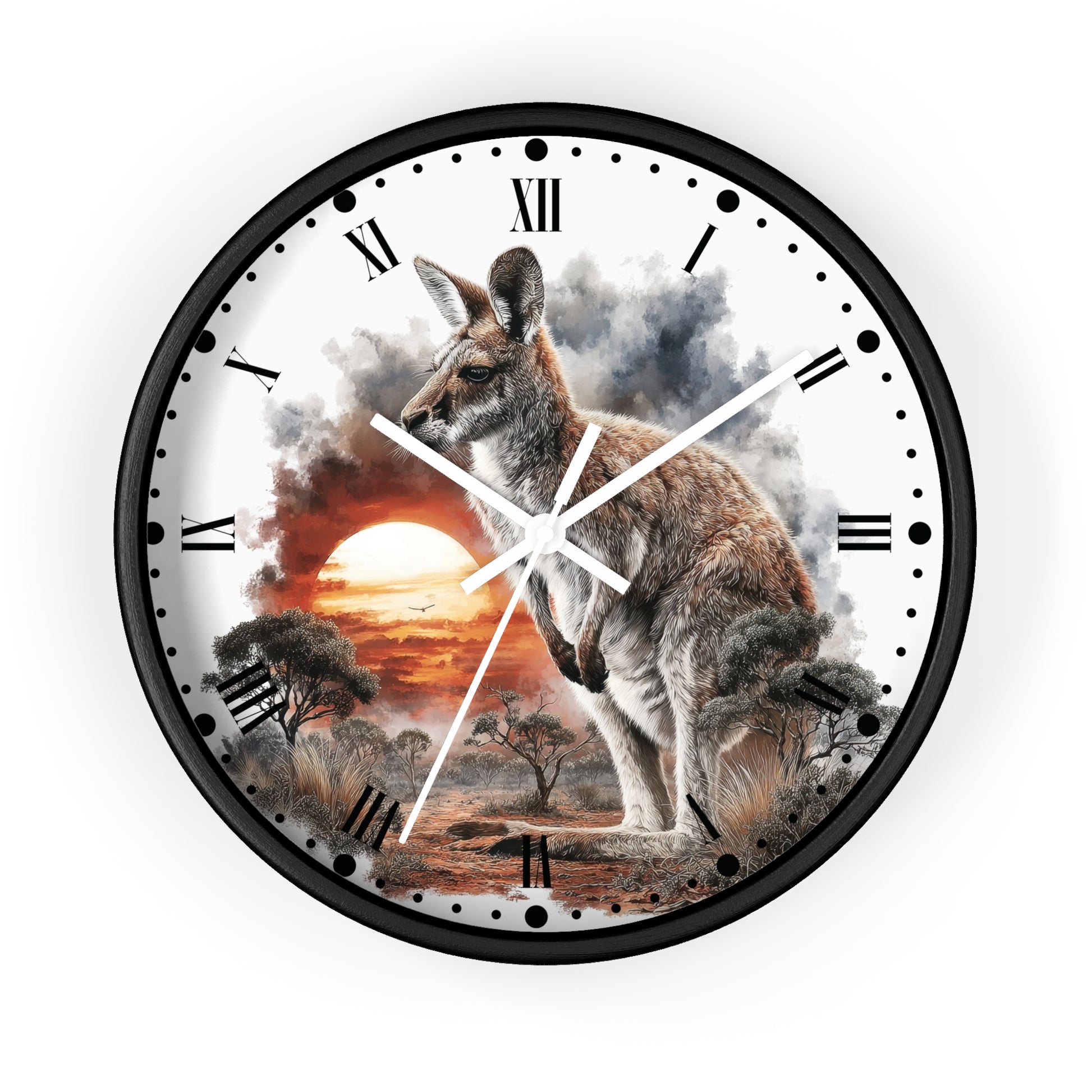 Round wall clock with a black frame and a printed scenic dial showing a kangaroo in an Australian landscape at sunset, with Roman numerals and black dot hour markers on a white background.