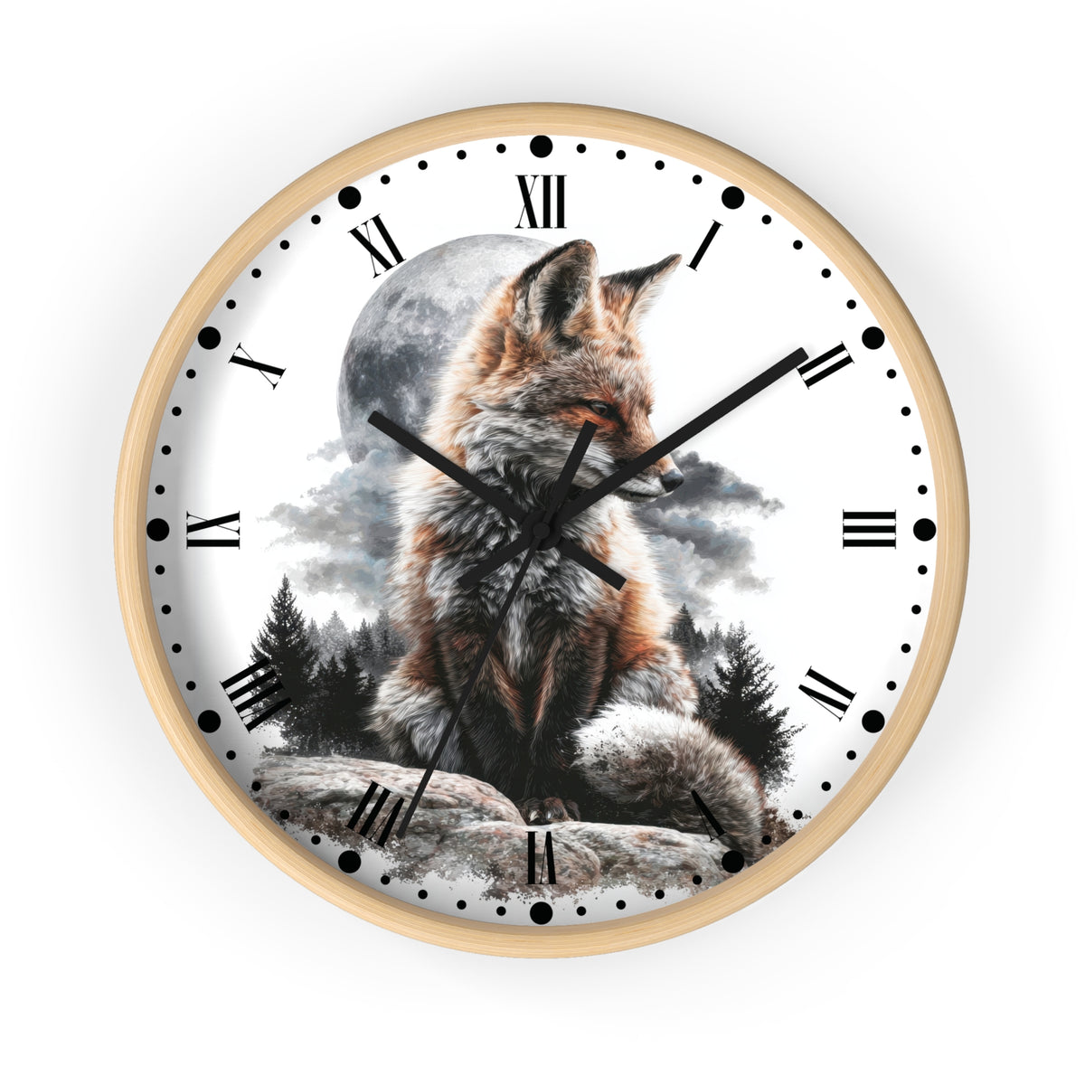 Round wall clock with a light wood frame and a printed design of a fox sitting in front of a full moon and trees, with black Roman numerals and hands on a white face.