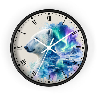 Polar Bear Aurora Wall Clock — Arctic Northern Lights Wildlife Decor