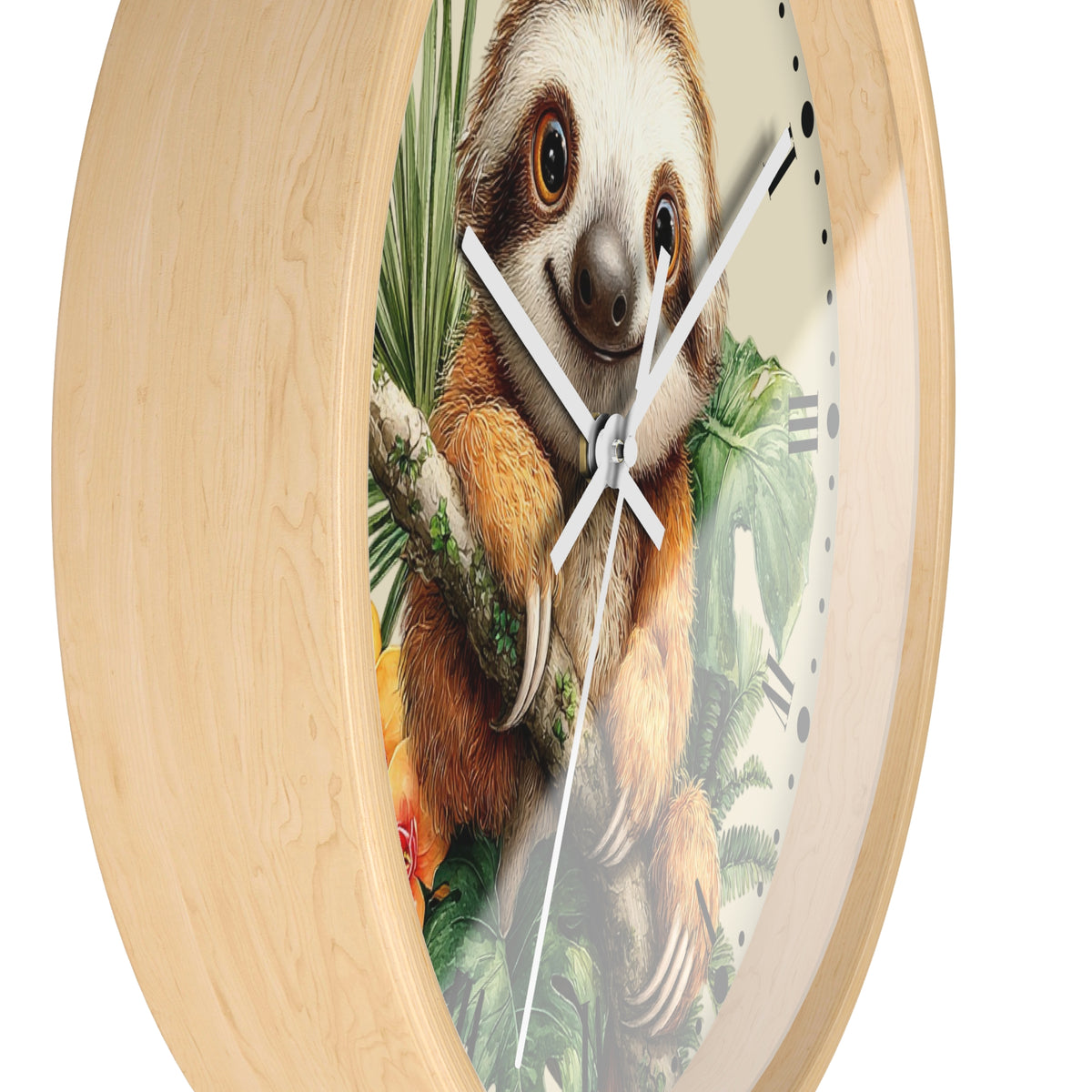 Round wall clock with a light natural wood frame and a printed sloth illustration on the face, shown against a plain white background.
