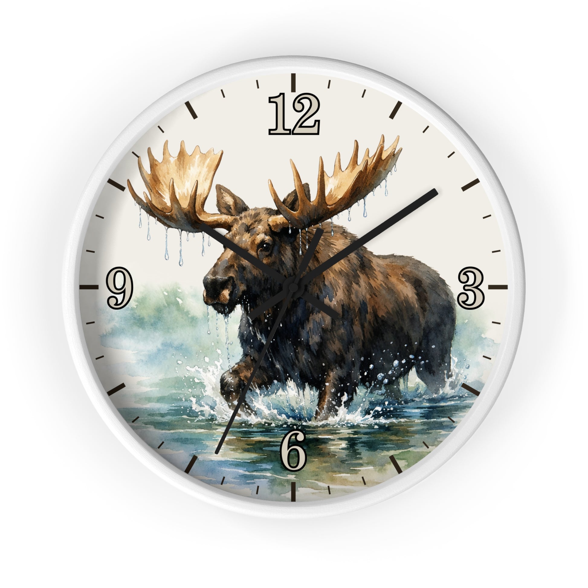 A round wall clock with a white frame and a printed illustration of a moose wading through water, with black Arabic numerals and clock hands on a white background.