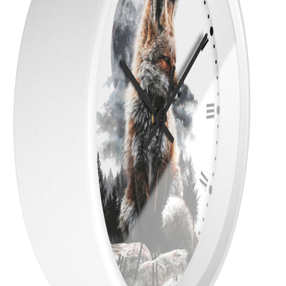 A white round wall clock with a printed nature scene of a wolf standing in a misty forest, shown against a plain white background.