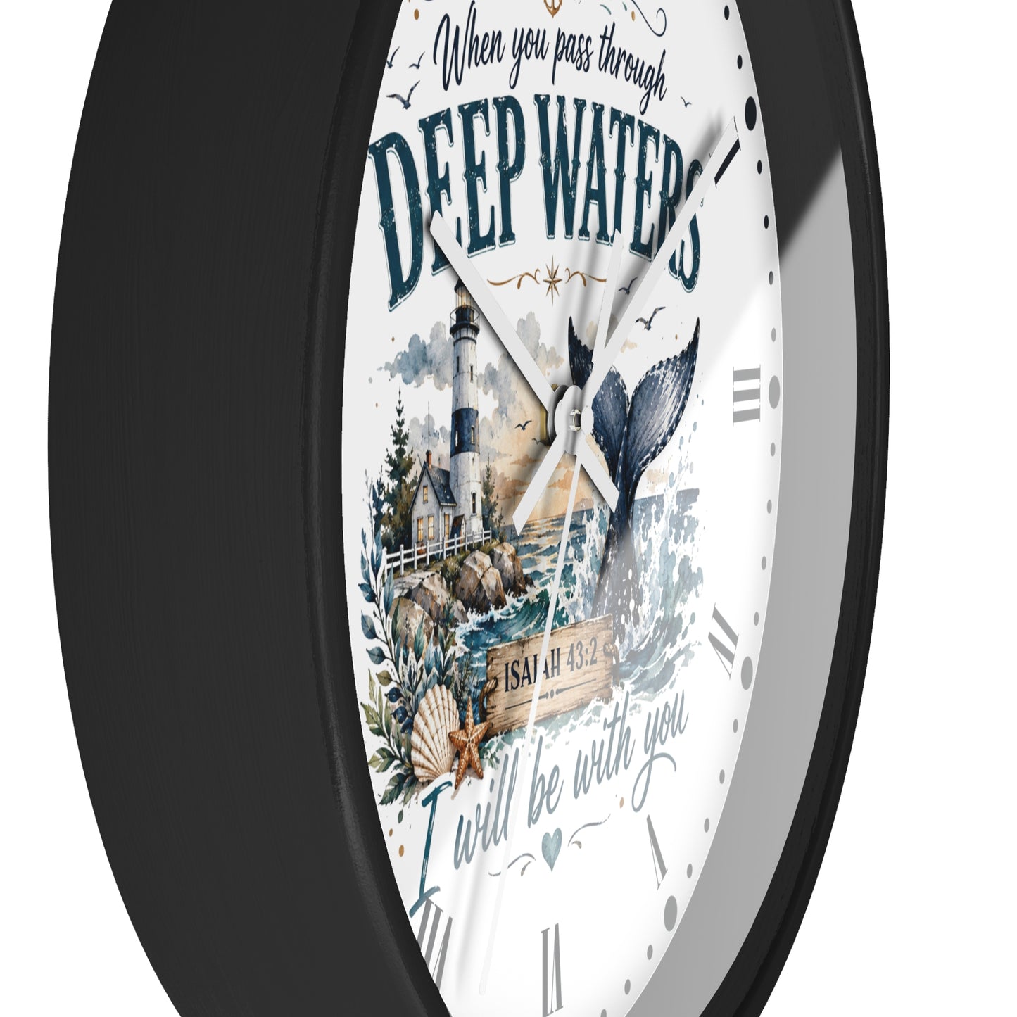 Inspirational Lighthouse Bible Verse Wall Clock — "When You Pass Through Deep Waters" (Isaiah 43:2)