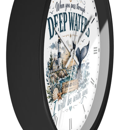 Inspirational Lighthouse Bible Verse Wall Clock — "When You Pass Through Deep Waters" (Isaiah 43:2)
