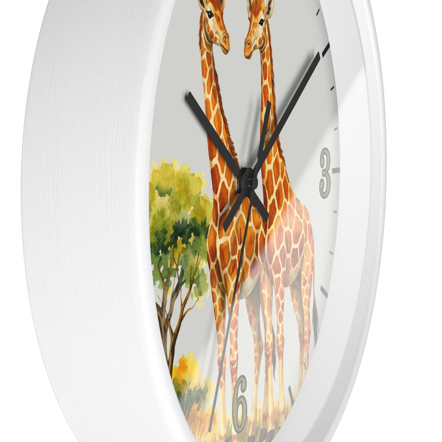 A white round wall clock with a printed giraffe illustration on the face, black hands, and black numerals, shown against a plain white background.