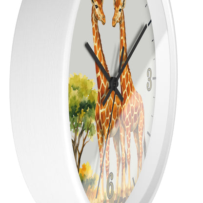 A white round wall clock with a printed giraffe illustration on the face, black hands, and black numerals, shown against a plain white background.