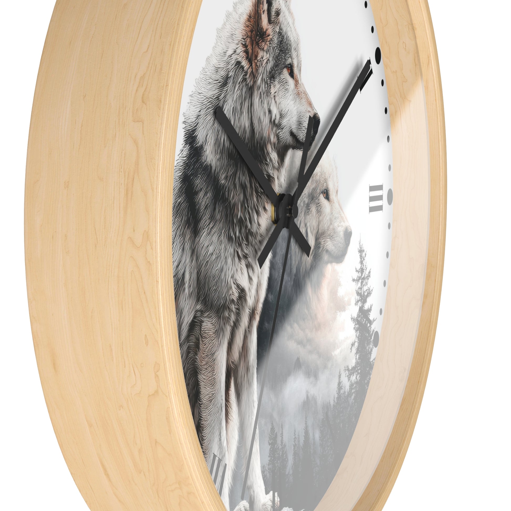 Round wall clock with a light natural wood frame and a printed wolf scene on the face, shown against a plain white background.