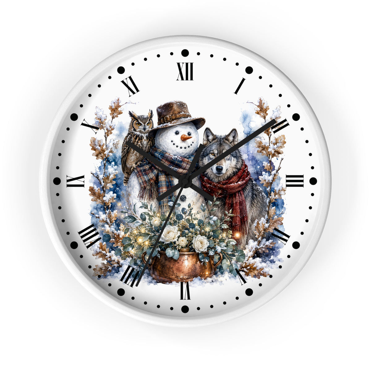 Round wall clock with a white face and outer rim, featuring a winter illustration of a snowman, owl, wolf, flowers, and snow-covered branches. The clock uses black Roman numerals for hour markers and black hands, shown against a plain white background.