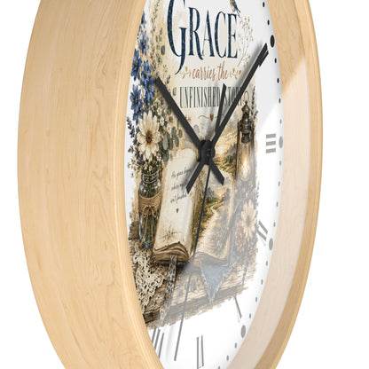 Grace Carries the Unfinished Story Wall Clock — Inspirational Rustic Farmhouse Decor