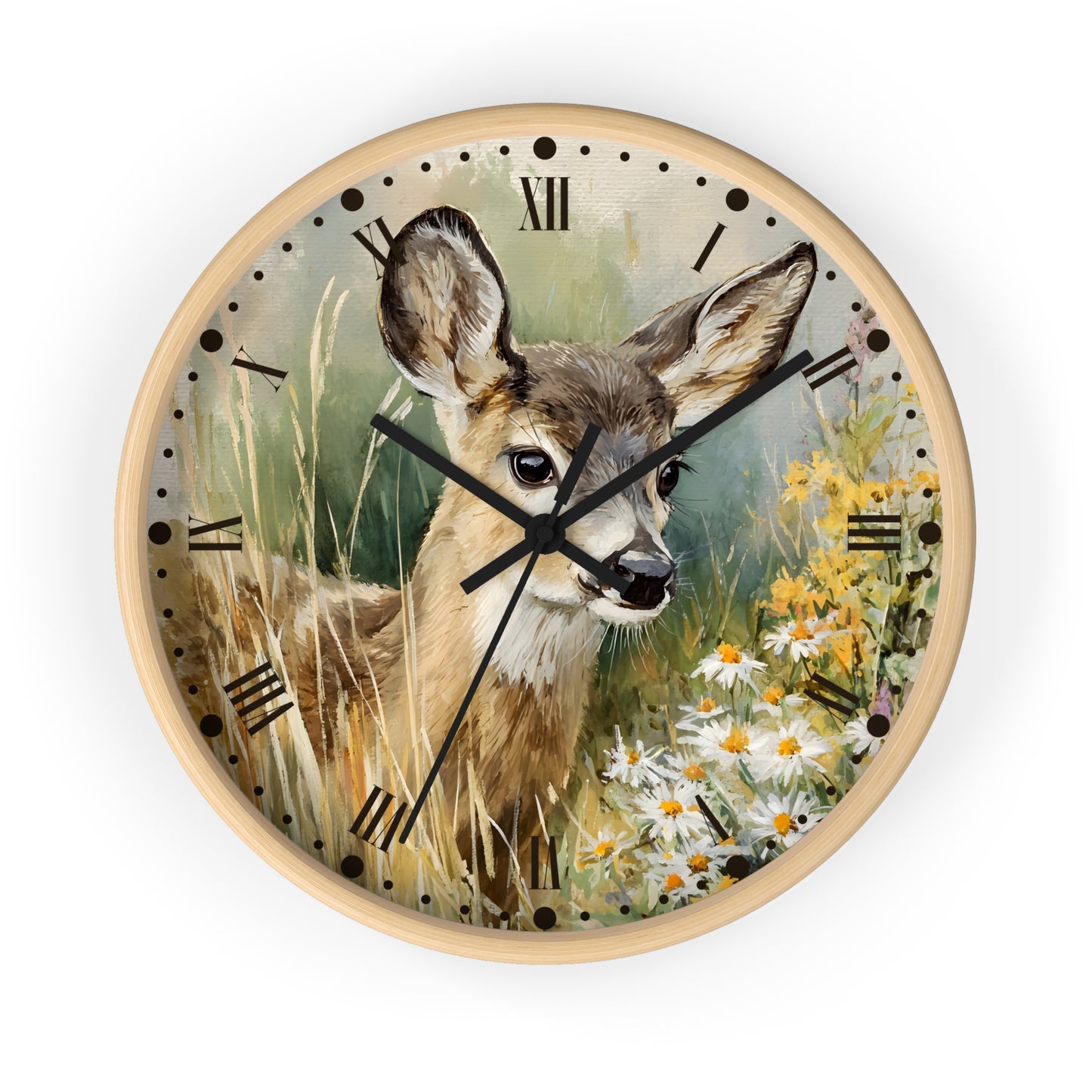 Round wall clock with a light wood frame and a printed deer illustration on the face, surrounded by grass and daisies, shown against a plain white background.