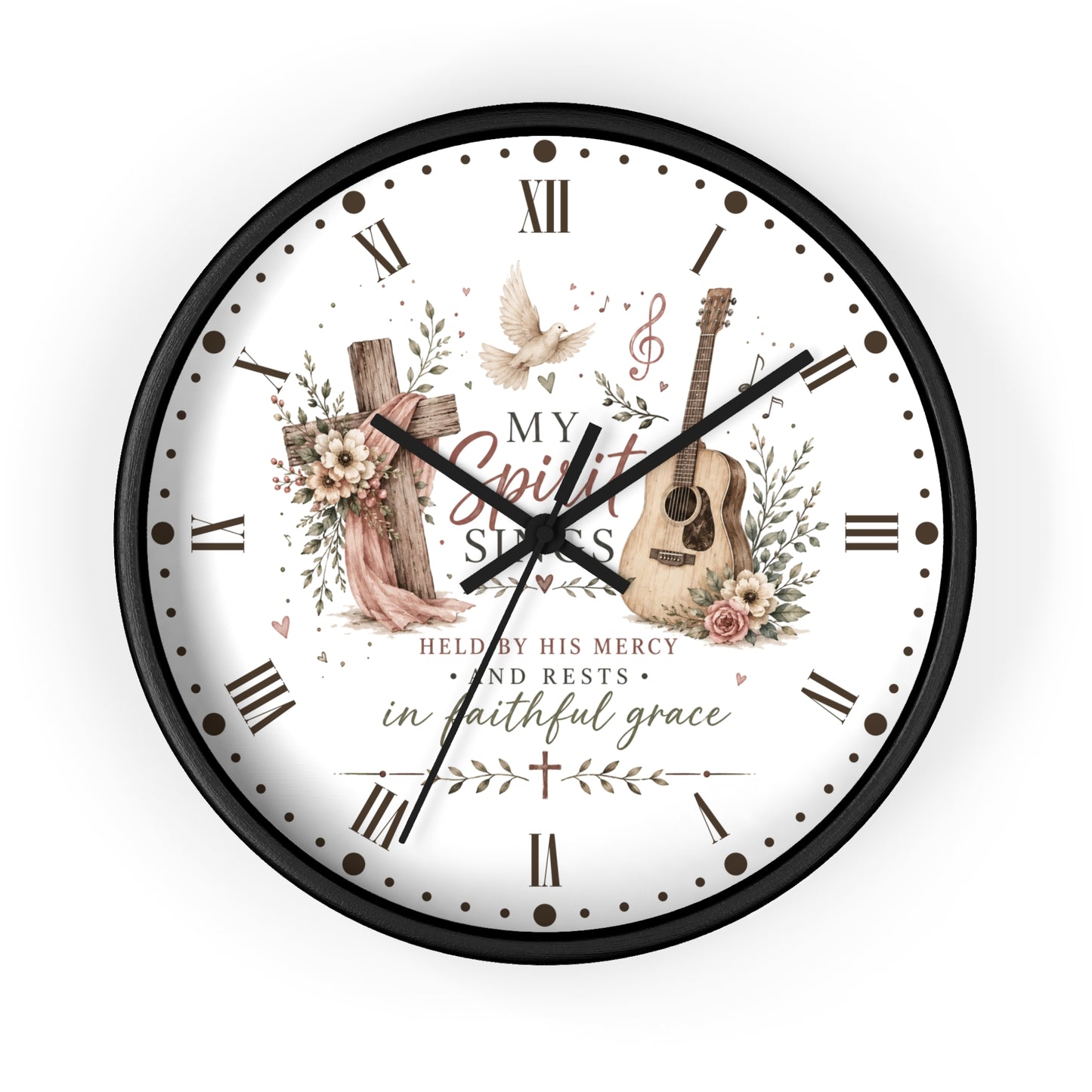 My Spirit Sings Religious Wall Clock — Faith-Inspired Guitar & Cross Home Decor