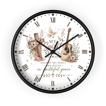 My Spirit Sings Religious Wall Clock — Faith-Inspired Guitar & Cross Home Decor