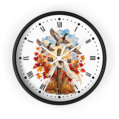 Autumn Cross Wall Clock — Faith Decor with Flying Ducks & Fall Leaves