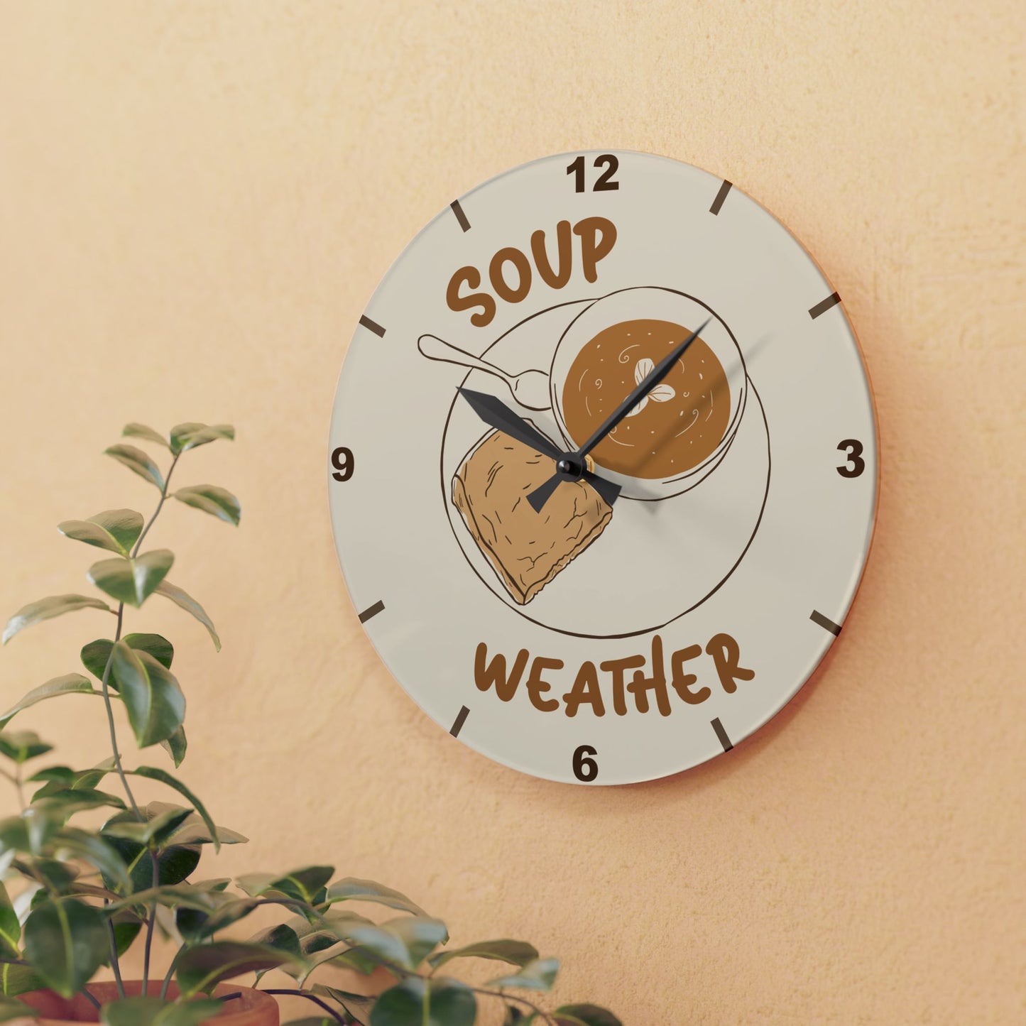 Soup Weather Acrylic Wall Clock — Cozy Kitchen Clock with Soup & Bread Illustration