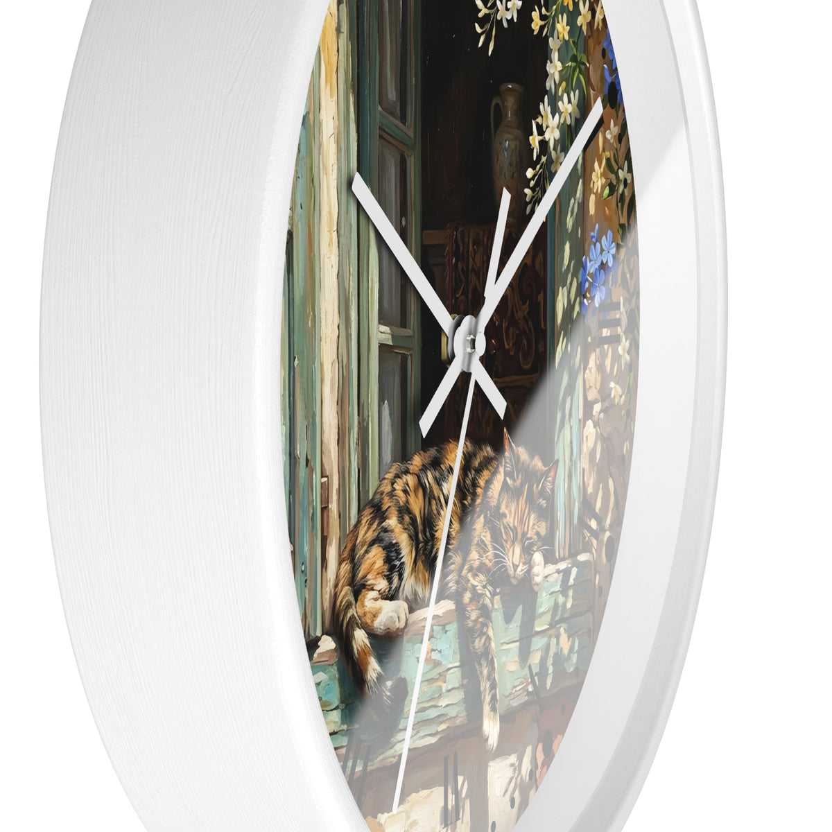Round white wall clock with a printed illustration of a cat resting on a weathered wooden windowsill, shown against a plain white background.