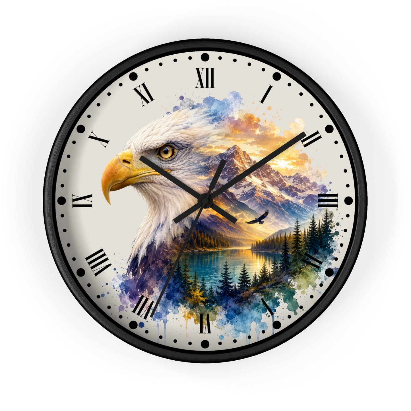 A round wall clock with a black frame and Roman numerals, featuring a large painted bald eagle over a mountain, lake, and forest landscape on the clock face.