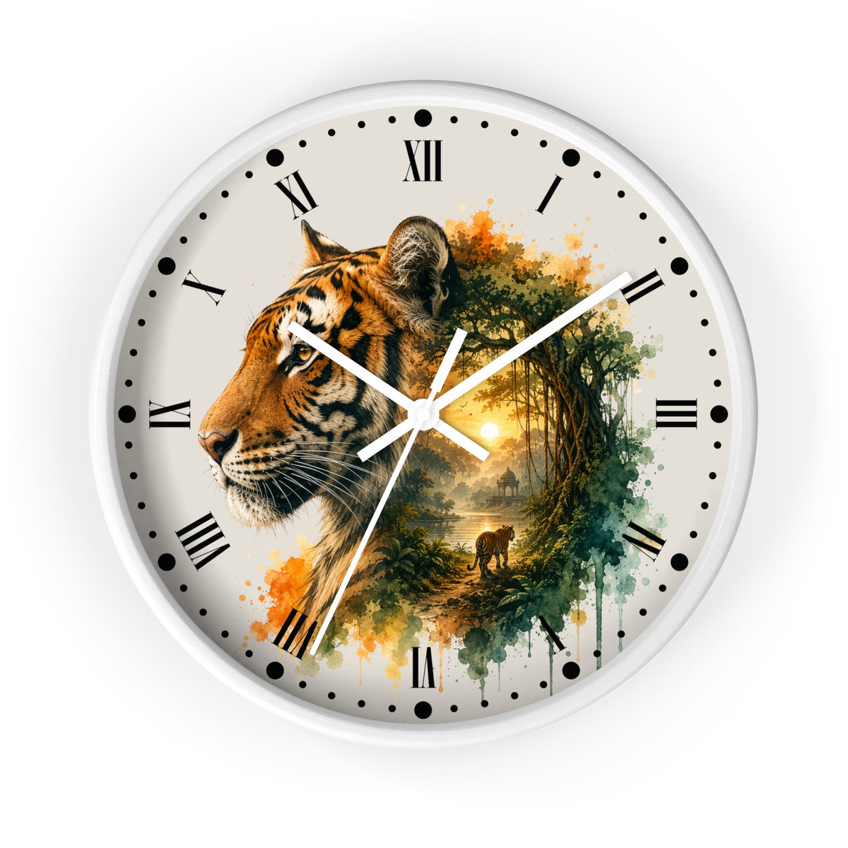 A round wall clock with a white frame and Roman numerals, featuring a printed design of a tiger's head merging into a forest scene with a small bear at sunset.