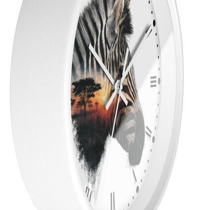 Zebra Sunset Wall Clock with Roman Numerals — African Savanna Animal Decor