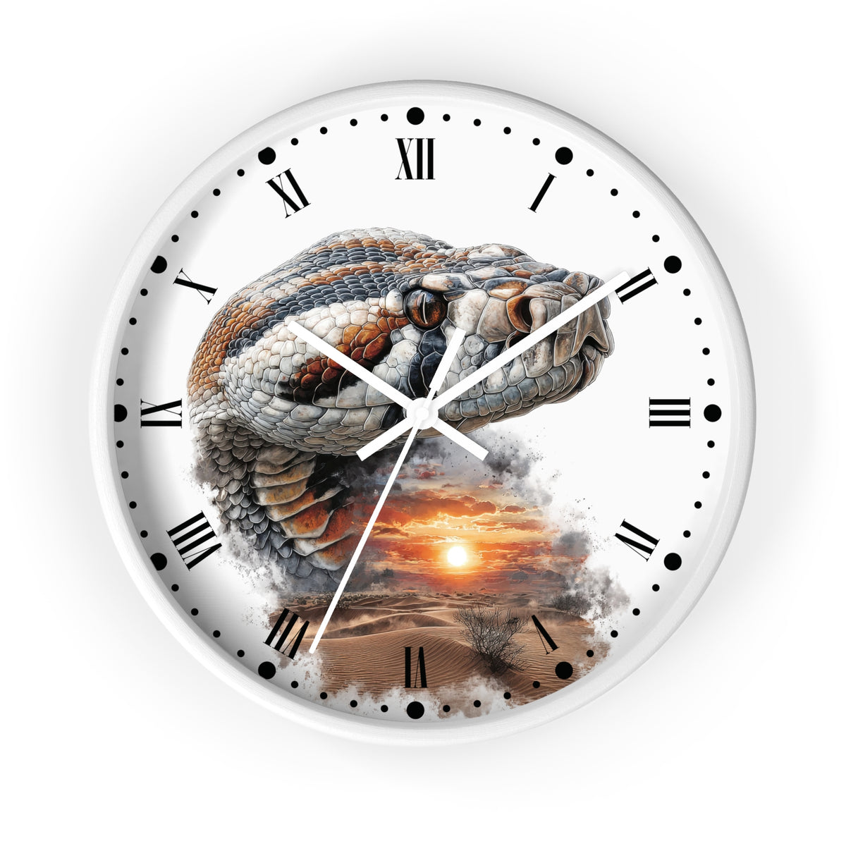 A round wall clock with a white face, black Roman numerals, and decorative hands. The center features a large realistic snake head over a desert sunset scene, shown on a plain white background.