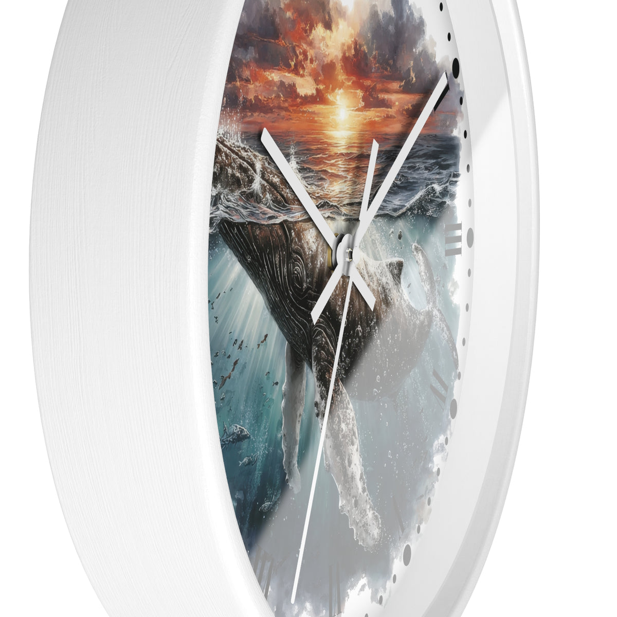 A white round wall clock with a printed ocean scene featuring a whale, waves, and a dramatic sunset on the dial, shown against a plain white background.