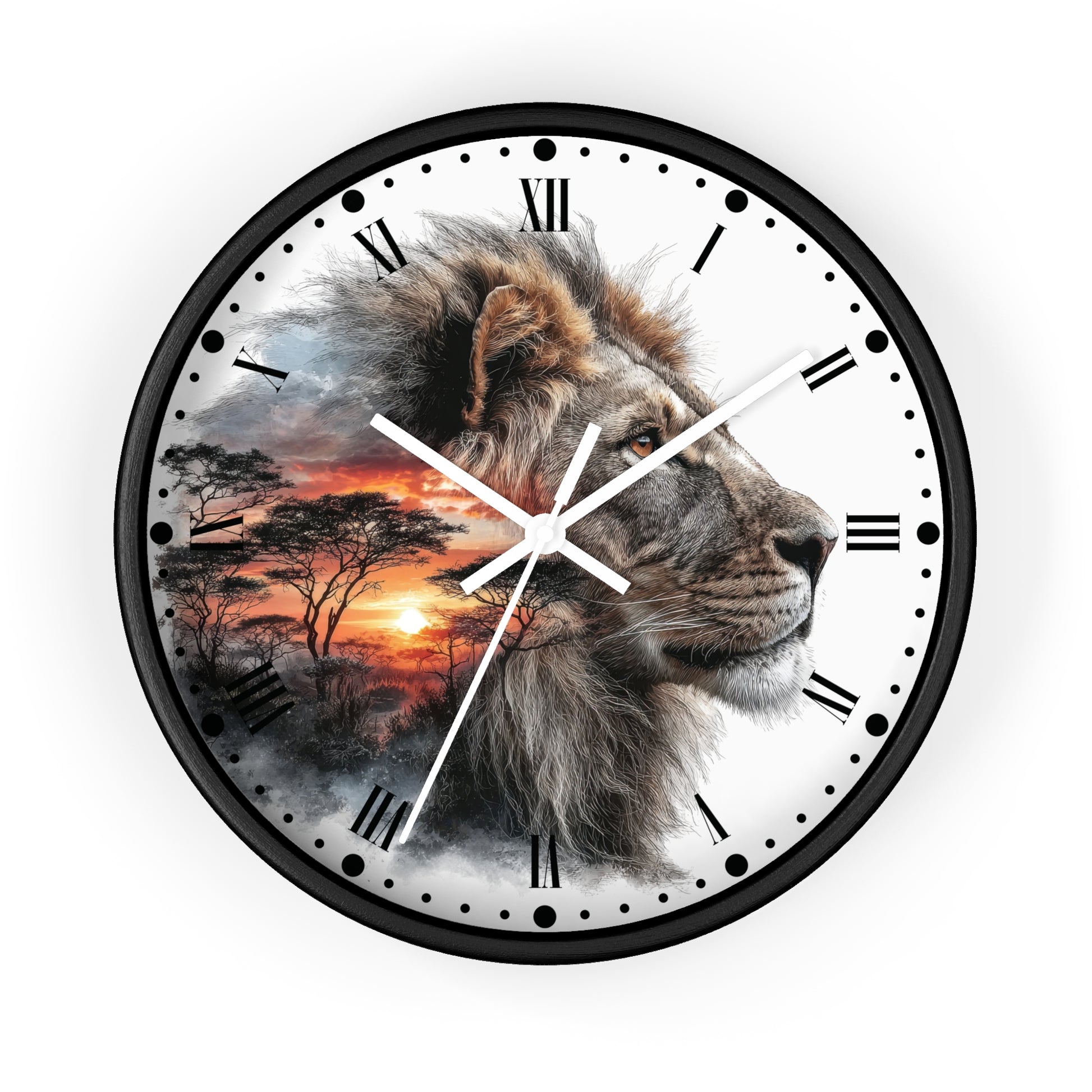 A round wall clock with a black frame and a printed design featuring a lion's face over an African savanna sunset scene. The clock face is white with black Roman numerals and white clock hands.