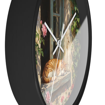 Orange & White Cat Napping Garden Wall Clock — Vintage Floral Window Scene
