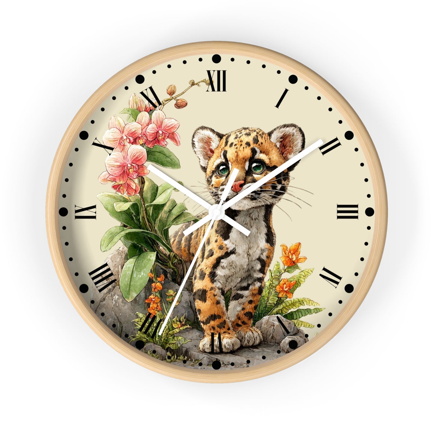 Baby Ocelot Floral Wall Clock — Jungle Nursery Clock with Roman Numerals