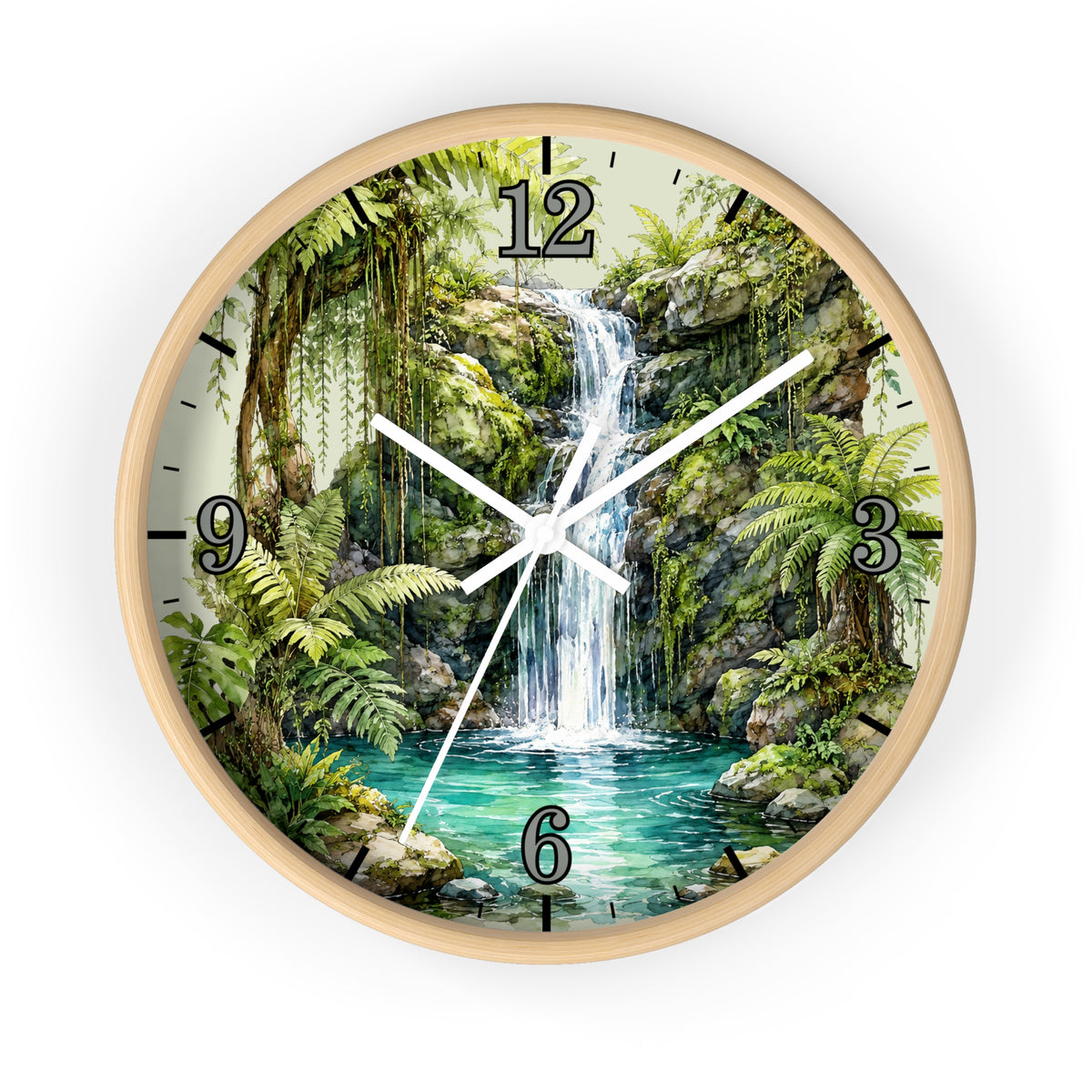 A round wall clock with a light wood frame and a printed tropical jungle waterfall scene on the face, with black Arabic numerals and white clock hands, shown against a plain white background.