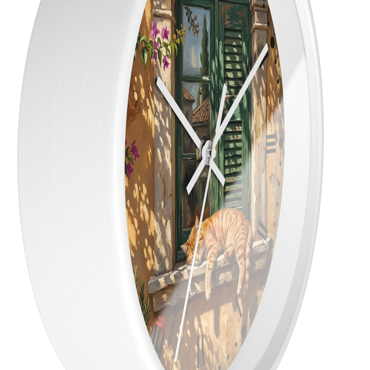 Round wall clock with a white frame and a printed illustration of a sunlit doorway, green shutters, a sleeping orange tabby cat, and hanging flowers. The clock is shown against a plain white background.