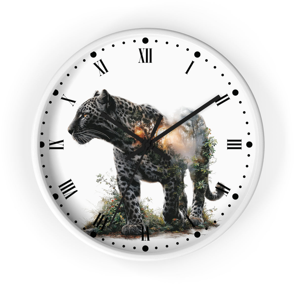 A round white wall clock with black Roman numerals and hands, featuring a printed graphic of a spotted big cat walking through greenery with a warm glowing light behind it.