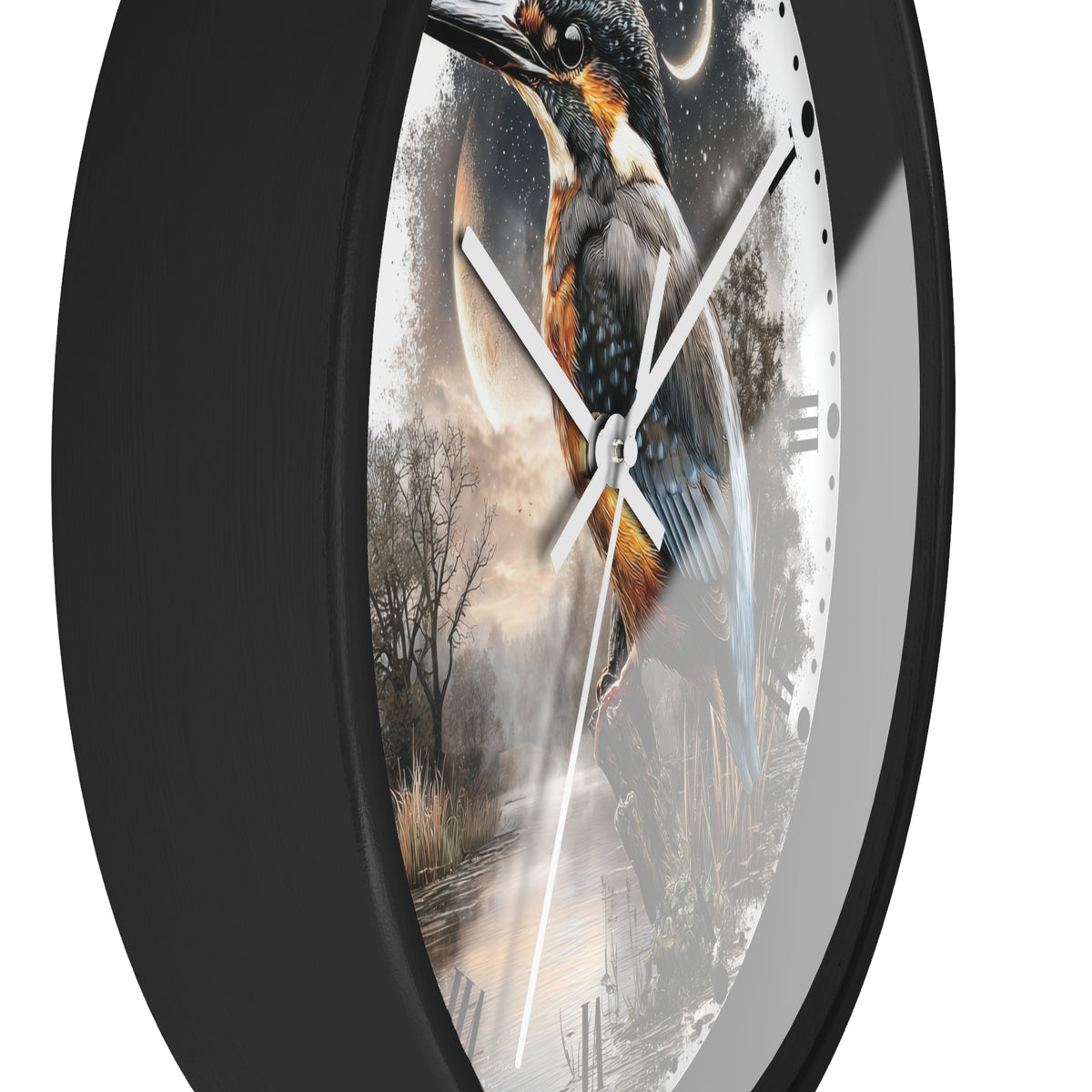 A close-up of a round wall clock with a black frame and a printed bird artwork on the face. The design shows a large bird in blue, brown, and cream tones over a misty landscape with trees and a pale moon, while white clock hands sweep across the dial.