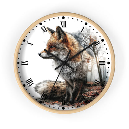 A round wall clock with a light wood frame and a white face featuring a detailed illustration of a fox in a misty forest. The clock uses black Roman numerals for hour markers and black hands.