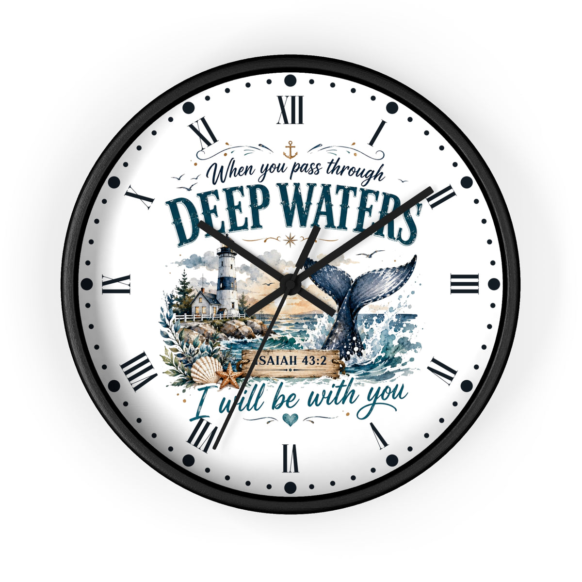 Inspirational Lighthouse Bible Verse Wall Clock — "When You Pass Through Deep Waters" (Isaiah 43:2)
