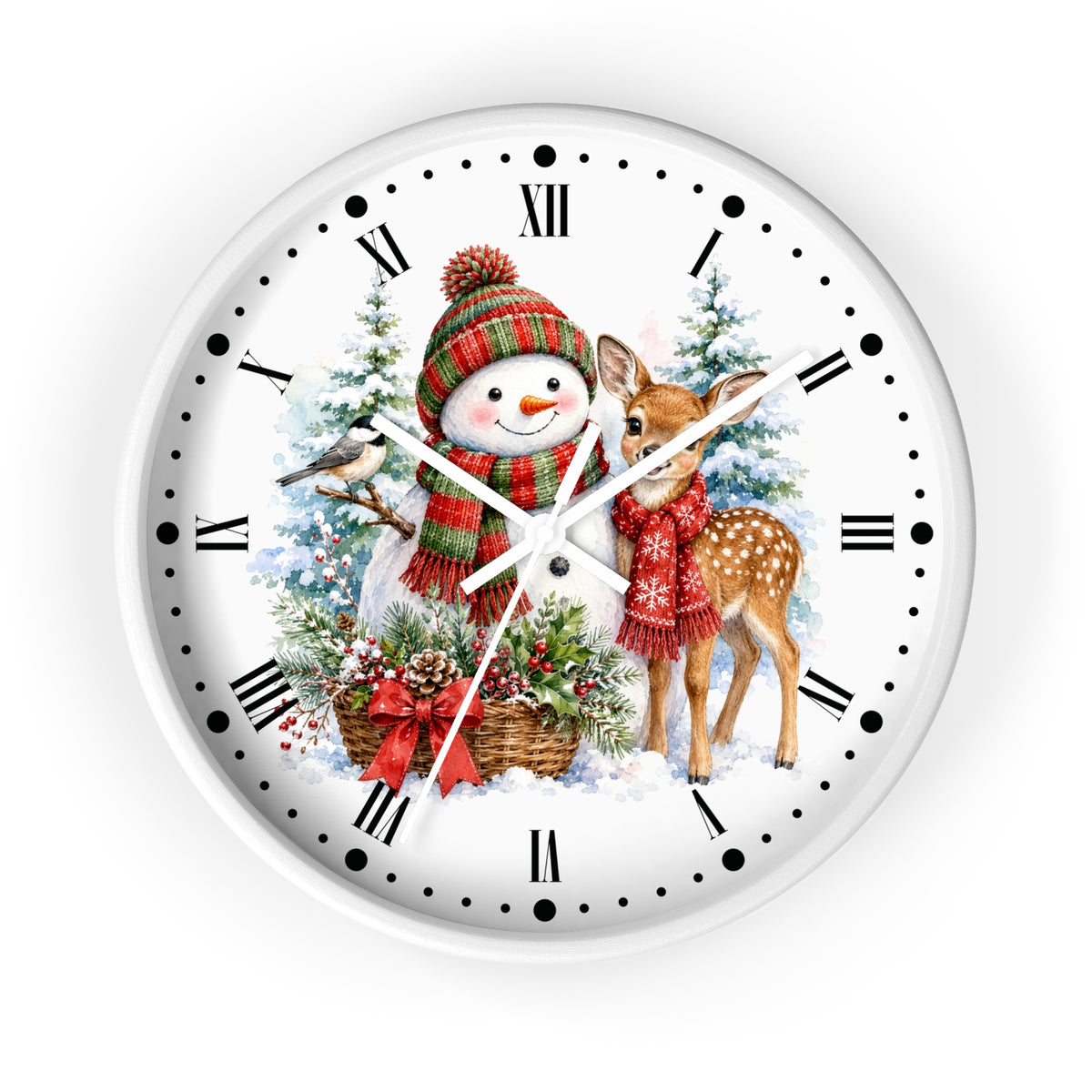 A round white wall clock with a festive Christmas illustration on the face, featuring a snowman in a red and green striped hat and scarf, a deer in a red scarf, evergreen trees, and a bird perched on the clock hands.