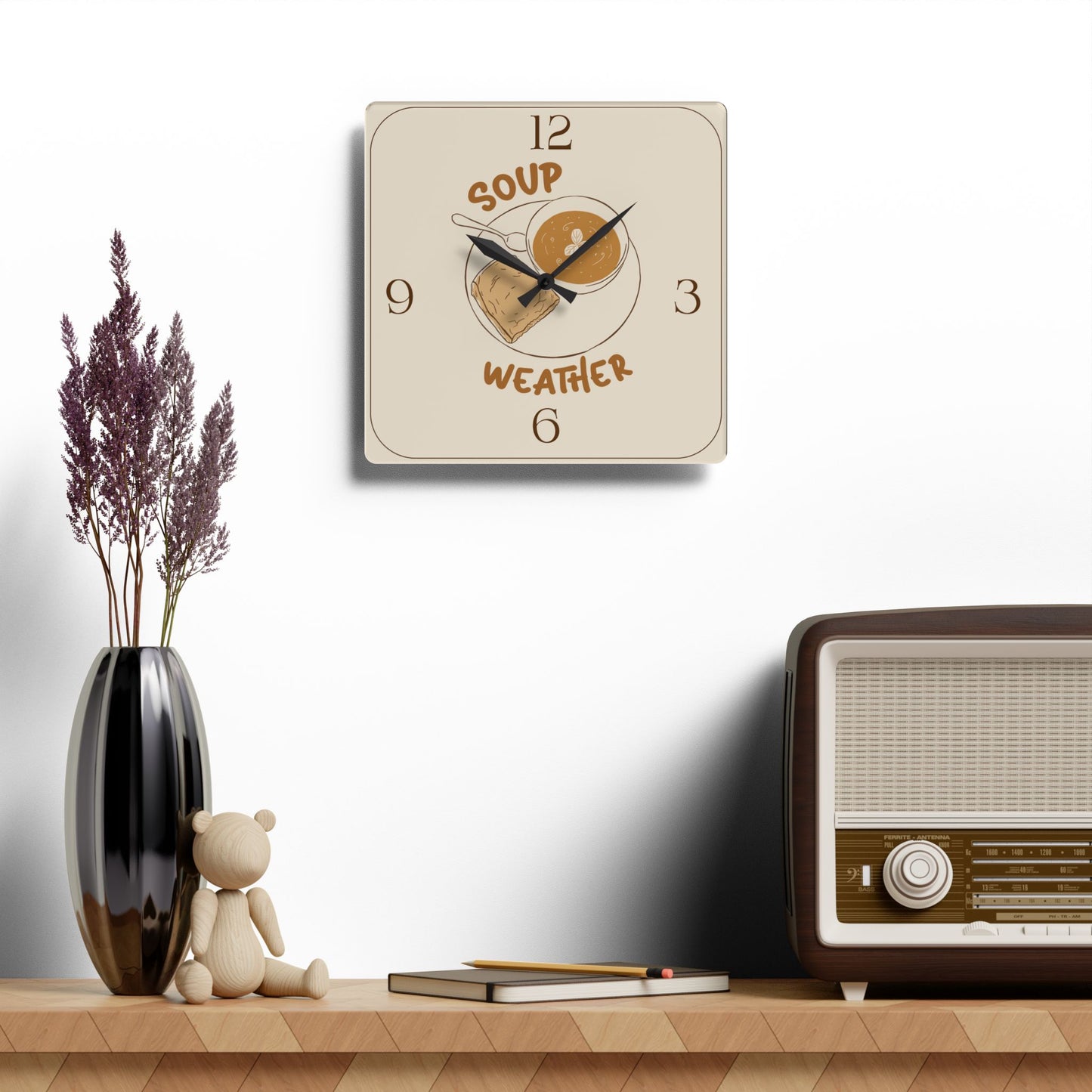 Soup Weather Acrylic Wall Clock — Cozy Kitchen Clock with Soup & Bread Illustration