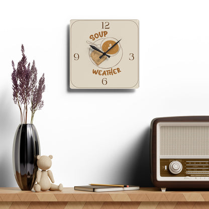 Soup Weather Acrylic Wall Clock — Cozy Kitchen Clock with Soup & Bread Illustration