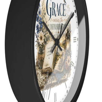 Grace Carries the Unfinished Story Wall Clock — Inspirational Rustic Farmhouse Decor