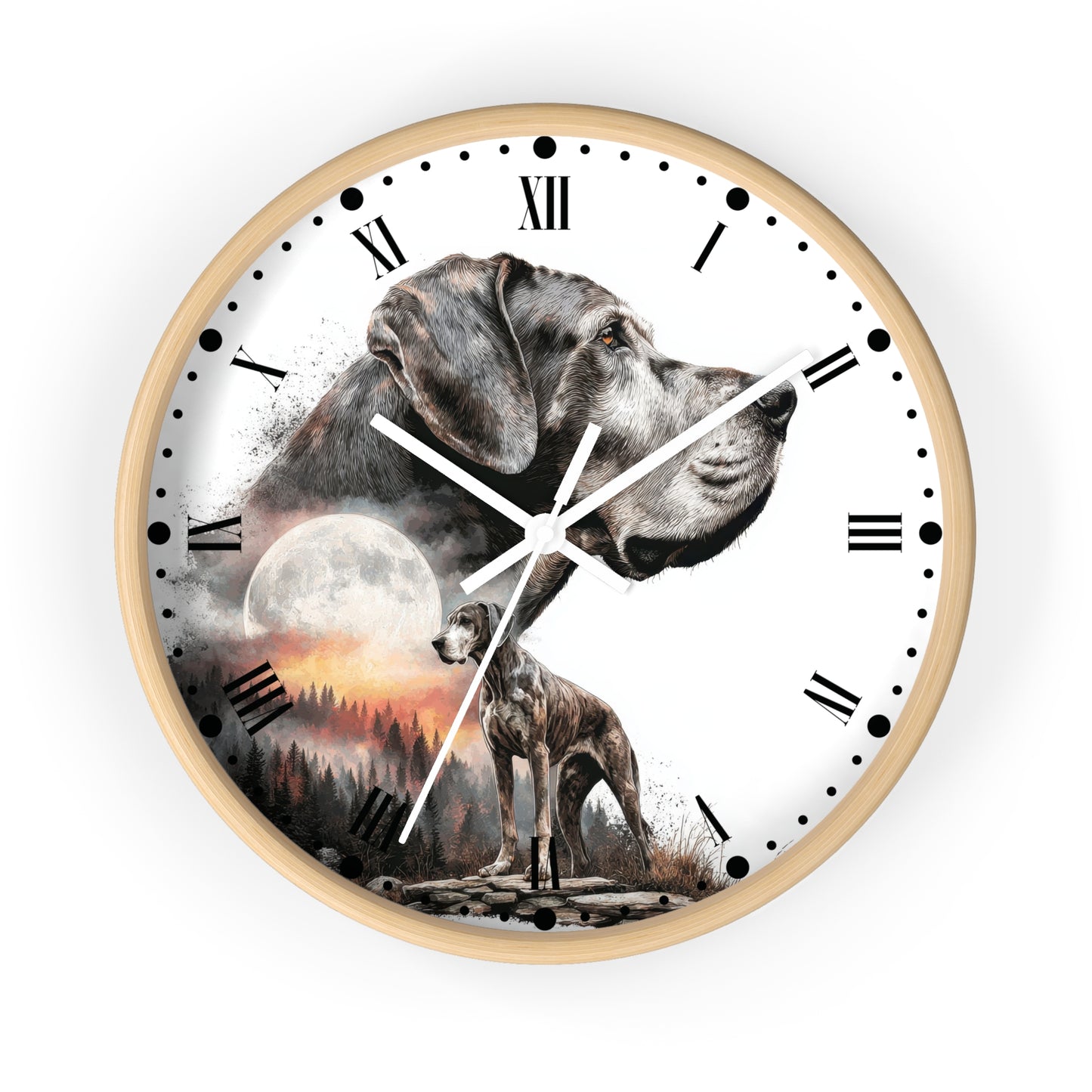 A round wall clock with a light wood frame and a white face featuring a large painted dog portrait, a smaller dog at the bottom, Roman numerals, black hour markers, and clock hands against a plain white background.