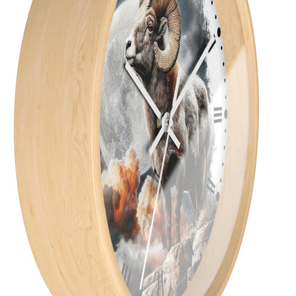 Round wall clock with a light natural wood frame and a printed ram and moon scene on the face, shown against a plain white background.