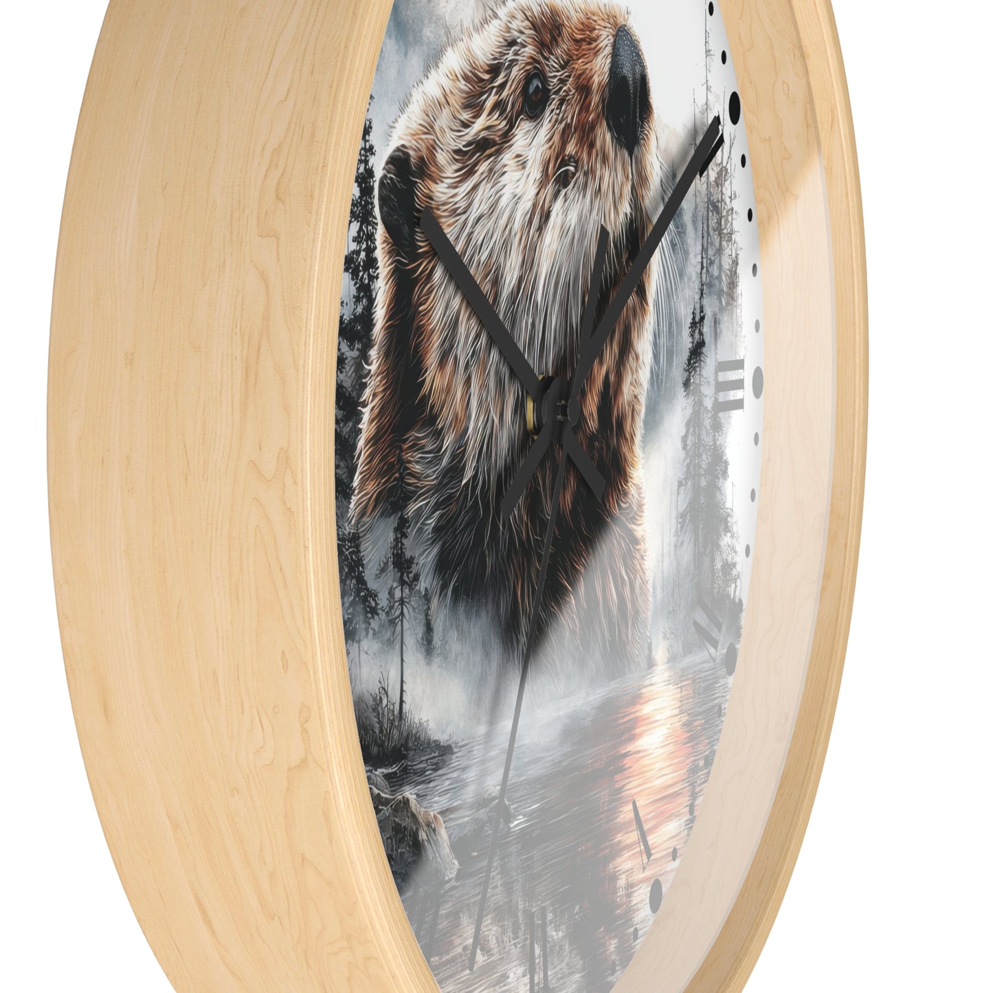 Round wall clock with a light natural wood frame and a printed beaver and misty forest scene on the face, shown against a plain white background.