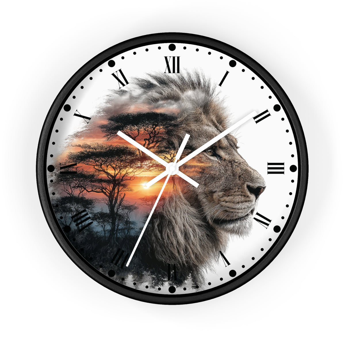 A round wall clock with a black frame and a white face, featuring a large lion profile overlaid with an African savanna sunset scene. The clock has black Roman numerals and white hands, shown against a plain white background.
