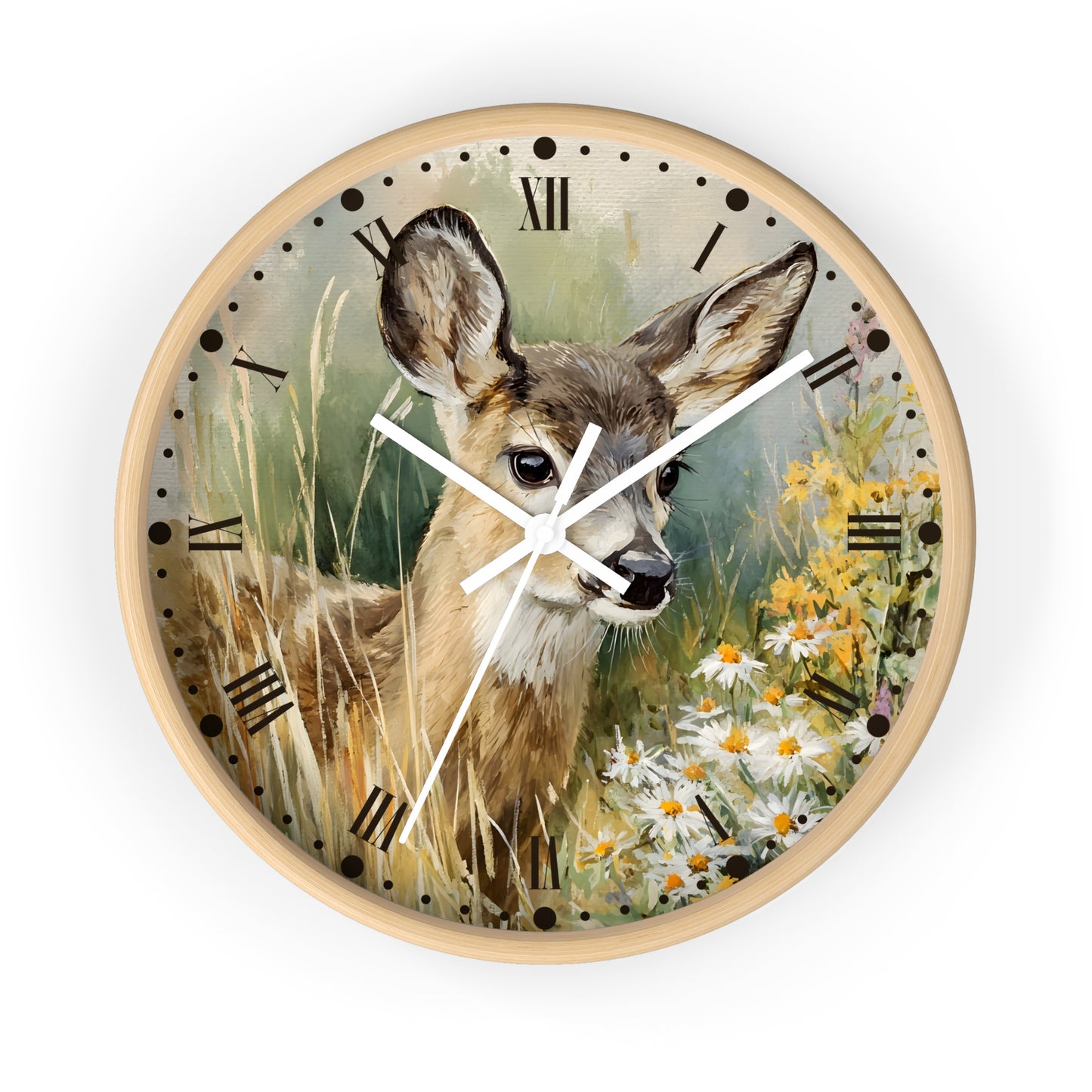 A round wall clock with a light wood frame featuring a painted deer in a grassy field with white daisies on the clock face, shown against a plain white background.