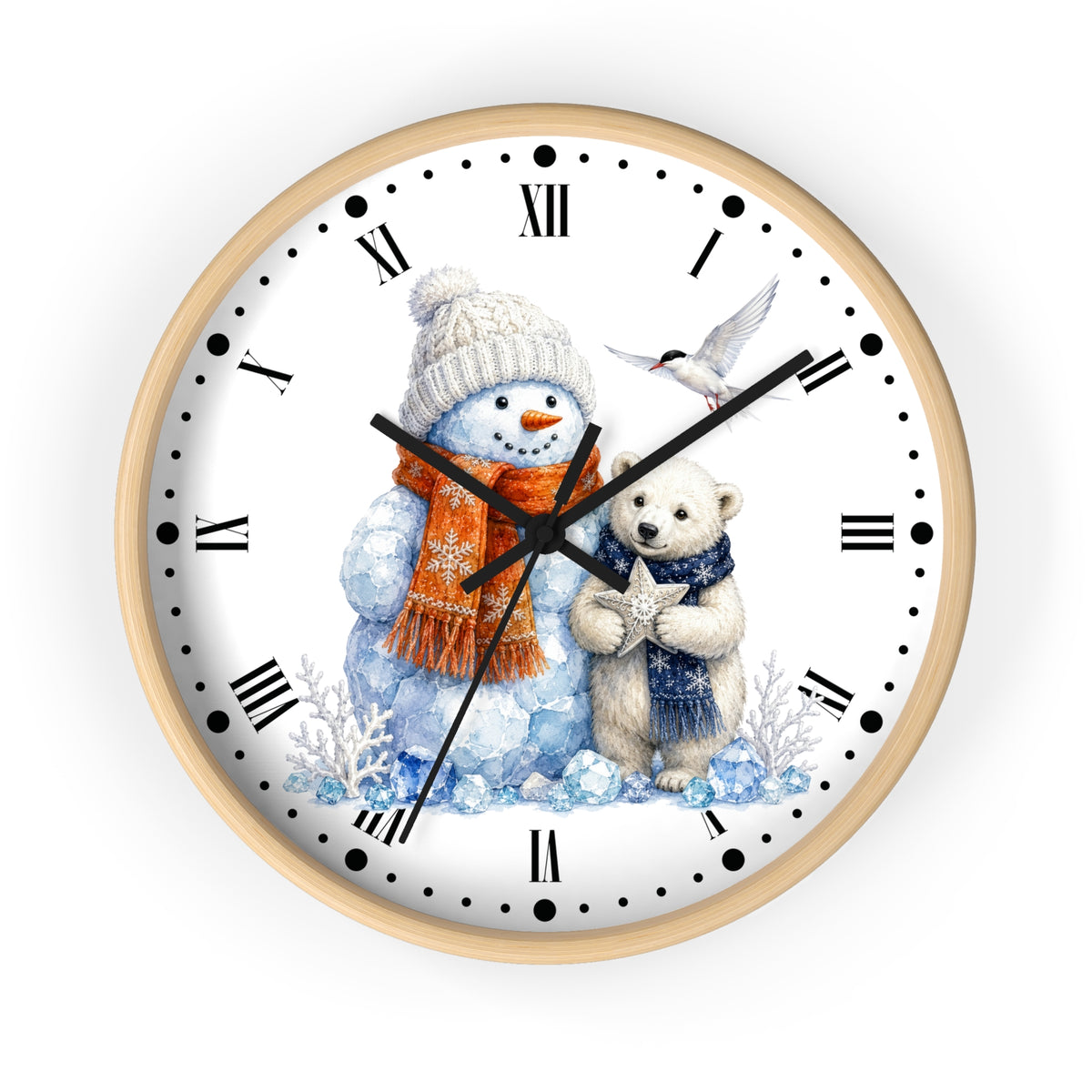 A round wall clock with a light wood frame and a white face featuring a winter illustration of a snowman in a beige knit hat and orange scarf next to a white bear in a blue sweater, with black Roman numerals and hands on a white background.
