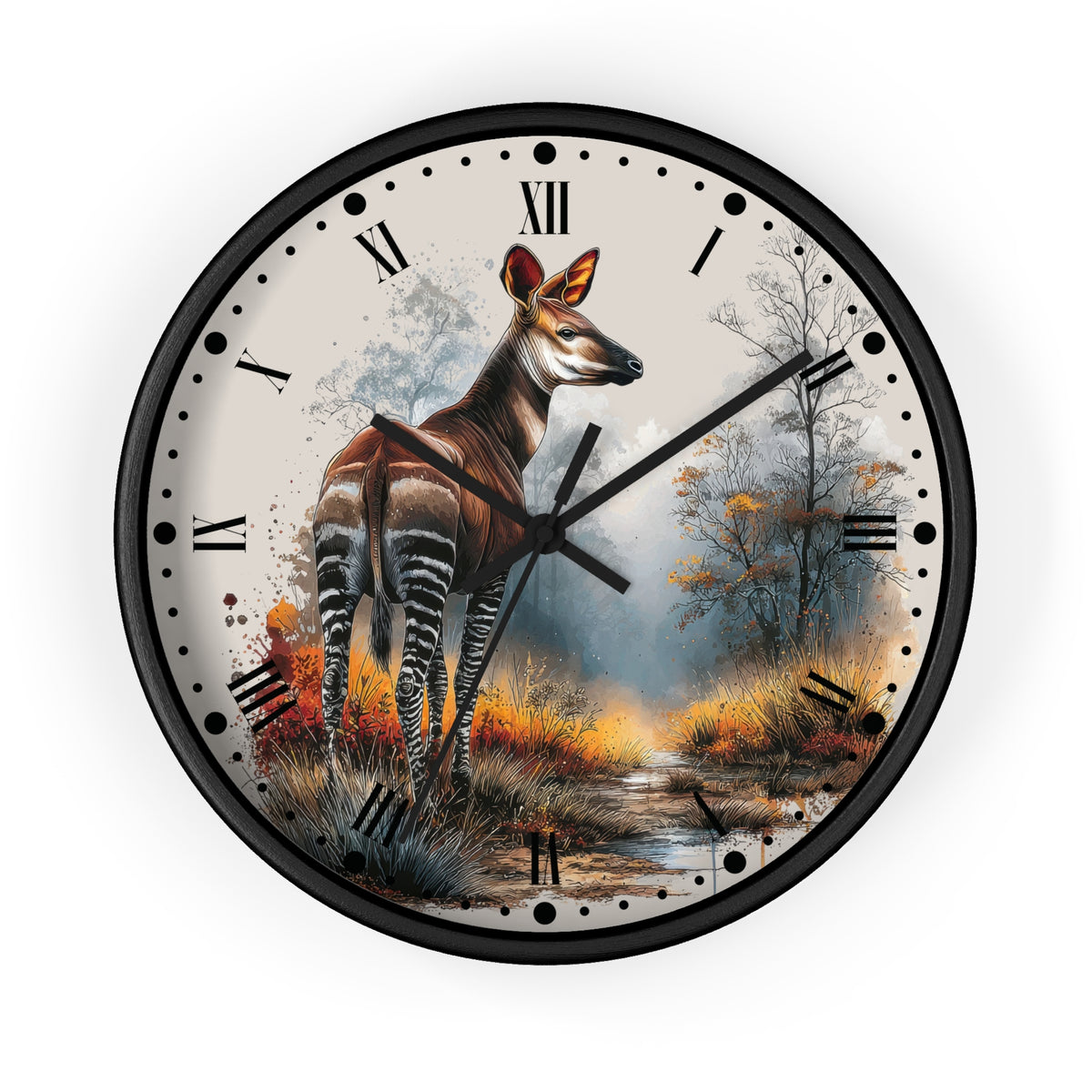 A round wall clock with a black frame and a printed nature scene featuring a zebra deer standing in a misty forest. The clock face is off-white with black Roman numerals and black hands, shown against a plain white background.