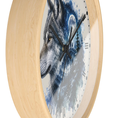 Round wall clock with a light natural wood frame and a printed wolf face design on the face, featuring black hands and dark hour markers against a white background.