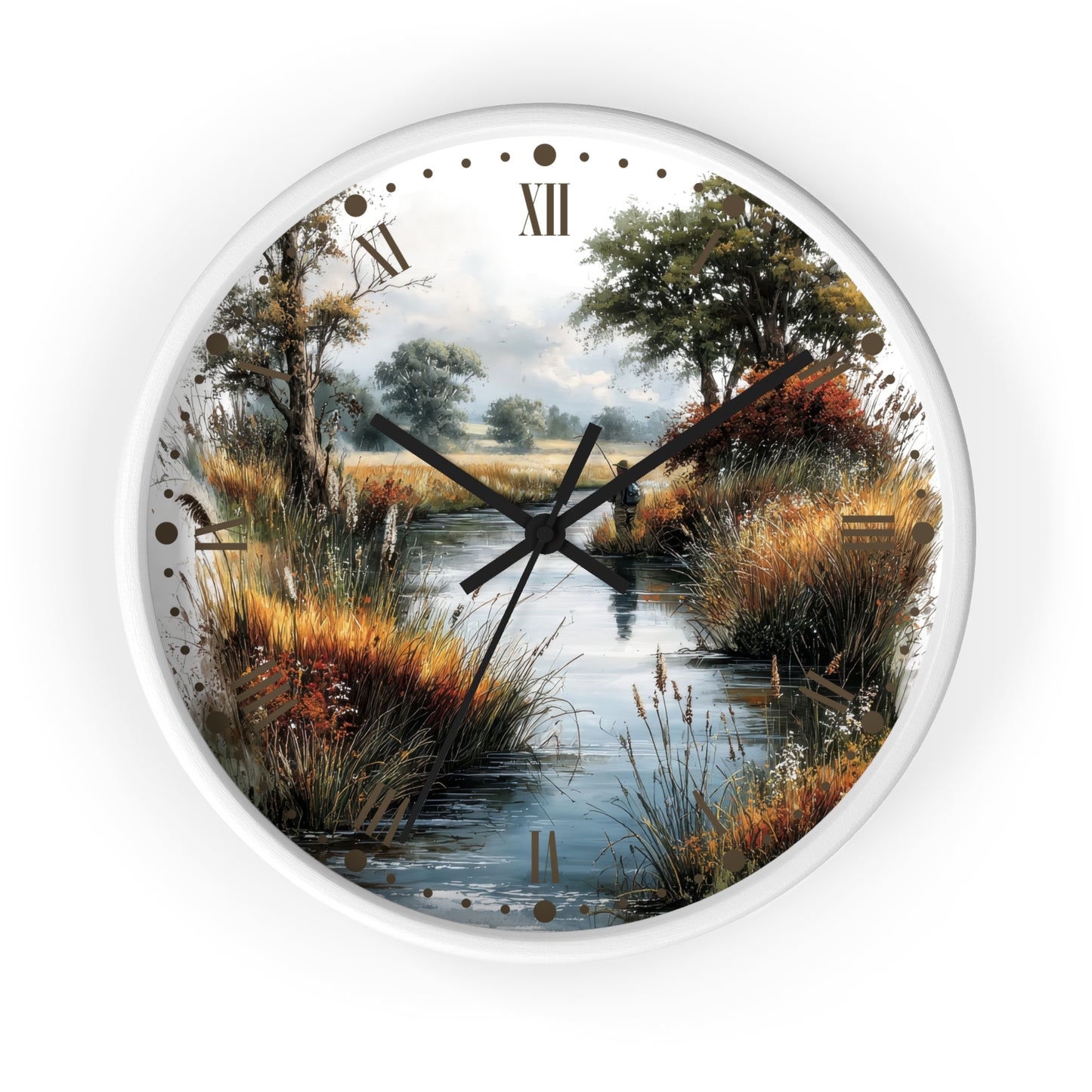 Round wall clock with a scenic landscape print of a river, trees, and grasses on the face, surrounded by a white frame. The clock has black hands, Roman numerals, and small black dot hour markers on a white background.