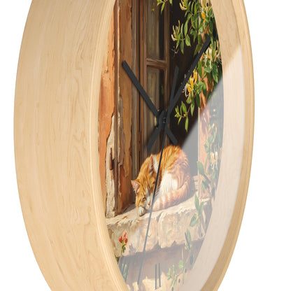 Sleeping Ginger Cat Wall Clock — Rustic Animal Home Decor